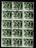 Ref 1565 - GB QEII - 20p Postage Due - Rare Used Block Of 15 Stamps - Taxe