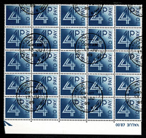 Ref 1565 - GB QEII - 4p Postage Due - Rare Used Marginal Block Of 25 Stamps - Portomarken