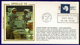 Ref 1566 - 1971 USA Silk Space Cover Apollo 15 Lunar Rover - Anniv. Of Moon Walk Slogan - North  America