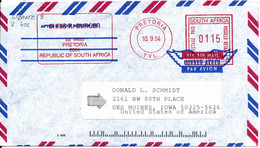 South Africa Air Mail Cover With Meter Cancel Pretoria 10-9-1994 Sent To USA - Posta Aerea