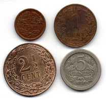 HOLLAND, Set Of Four Coins 1/2, 1, 2 1/2, 5 Cents, Bronze, Copper-Nickel, Year 1901-08, KM # 138, 131, 134, 137 - Collections