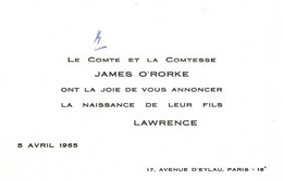 CARTE DE VISITE  Noblesse  COMTE ET LA COMTESSE  JAMES O'RORKE Naissance  De Leur Fils Lawrence 1965 - Cartes De Visite