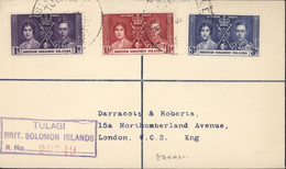 British Solomon Islands 12TH MAY 1937 YT N° 55 à 57 Couronnement Georges VI Recommandé Tulagi CAD 17 JA 38 - Islas Salomón (...-1978)