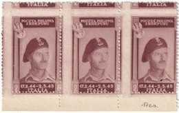 Corpo Polacco 1946 - 2 Z. Bruno Lillaceo Dent. Fortem. Spostata In Alto ITALIA In Alto Striscia Di 3 Bdf Rara Sass 17ea - Ortsausgaben/Autonome A.