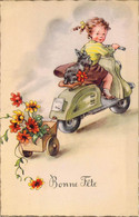 CPA - FETE VOEUX - Illustration Petite Fille Sur Un Scooter Et Son Chien Tire Une Charette Remplie De Fleur - 5951 - Other & Unclassified