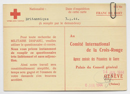 ENGLAND CARD RECHERCHE MILITAIRE DISPARU RED CROSS BRITANNIQUE 3.1.1944 TO CICR GENEVE MISSING MALAYA - Andere & Zonder Classificatie