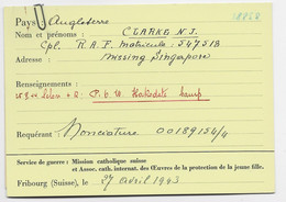 ENGLAND CARD RECHERCHE MILITAIRE  RED CROSS ANGLAISE 27.4.1943  TO CICR GENEVE MISSING SINGAPORE INTERNE CAMP HARODATE - Otros & Sin Clasificación