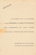 ADEL / NOBLESSE = BARON & BARONNE J.PEERS De NIEUXBURGH - UNE FILLE  MYRIAM - OOSTCAMP 1929 - Naissance & Baptême