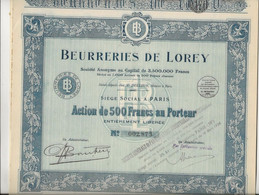 BEURRERIES  DE LOREY - LOT DE 10 ACTIONS DE 500 FRS - ANNEE 1930 - TTB - Agricoltura