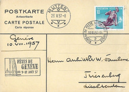 RARE Liechtenstein 1957: Zu 278 Mi.334 Yv 296 Auf Antwort-PK Mit Stempel FÊTES DE GENÈVE 9-12.AOÛT 57 BPA 10.VIII.57 - Storia Postale