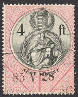 1880-1887 Hungary Croatia Slovakia Vojvodina Serbia Romania Transylvania K.u.k Kuk - Revenue Tax 4 Ft. - GLOBE EARTH - Fiscaux