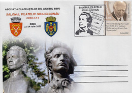 2022 - MIHAI EMINESCU - SPECIAL COVER AND CANCELLATION WITH PHILATELIC EXHIBITION SIBIU - CHISINAU - Storia Postale