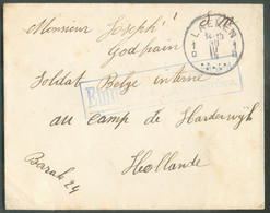 Enveloppe En S.M. Obl. Sc . De LAEKEN 30-III-1915 Vers SOLDAT Belge INTERNE Au Camp De HARDERWIJK (P-B) + Censure De EMM - Prisoners