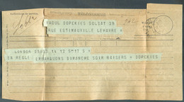 Télégramme Français Vers Un Soldat Belge Au Havre, Venant De Londres.  Texte 'en Règle Embarquons Dimanche Soir Baiser - Other & Unclassified