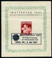 AUSTRIA 1937 Mothers' Day Presenatation Sheet Used.  Michel 641 - Usati