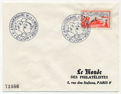 Enveloppe Affr.15F Libération - X° Anniversaire De La Libération - DIJON - 11/9/1954 - Commemorative Postmarks