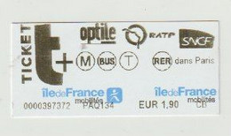 Carte D'entrée-toegangskaart-ticket: Metro RATP Paris (F) SNCF - Europe