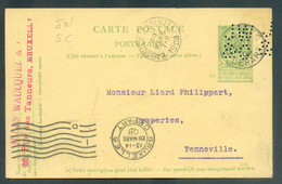 E.P. Carte Perforée J.W.  S.C. (Jules Waucquez Soc. Coop) Obl. Sc BRUXELLES DEPART 28 Mars 1908 Vers Tenneville (Baconfo - 1909-34