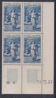 Algérie N° 348 XX Oeuvres Soc.Armée : Bleu   En Bloc De 4 Coin Daté Du 18 . 10 . 57 ; 2 Traits,, Sans Charnière, TB - Neufs