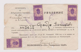 Bulgaria Bulgarian Bulgarie Bulgarije 1934 Military Permit Railway Ticket W/3x1Lv. Fiscal Revenue Stamp (m368) - Dienstzegels