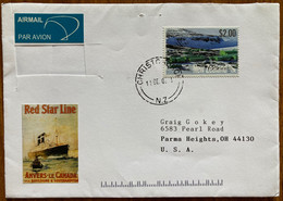 NEW ZEALAND 2005, USED COVER TO USA, VIGNETTE, RED STAR LINE SHIP & AIRMAIL KIWI BIRD LABEL! CHRISTCHURCH CITY CANCELLAT - Storia Postale