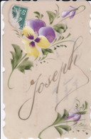 ¤¤    -  Carte à Système En Celluloïde Peinte à La Main   -  Prénom " JOSEPH "   -  Fleurs    -   ¤¤ - Prénoms