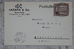 BE5 SAARBIET BELLE CARTE  1927 A MONTBELIARD FRANCE  +++ ACH. LEVY +AFFRANCH. PLAISANT - Postal Stationery