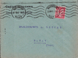 IRIS - 1F ROUGE - PERFORATION CL - LETTRE ENTETE CREDIT LYONNAIS AGENCE DE MAUBEUGE - NORD - 22-3-1941. - Brieven En Documenten