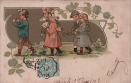 CPA Illustrateur Non Signé - Des Enfants Avec Couronnes De Fleurs Suivent Un Joueur De Flute Pipeau - Art Nouveau - - Non Classés