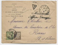 TAXE 10C+15C RENNES 1921 LETTRE FRANCHISE PARIS 82 ENTETE AFFAIRES ETRANGERES - 1859-1959 Storia Postale