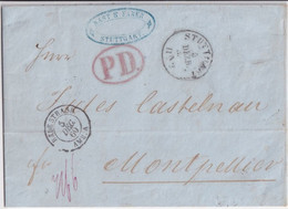 1860 - ENTREE AMBULANT BADE STRASBOURG "A" - LETTRE De STUTTGART => MONTPELLIER - Marques D'entrées