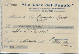 "LA VOCE DEL POPOLO" SETTIMANALE POLITICO - CAGLIARI 1916  SARDEGNA RICEVUTA ABBONAMENTO - Italia