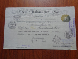 ITALIE - TURINO 1954 - SOCIETA ITALIANA PER IL GAS - TITRE DE 1 ACTION ORDINAIRE DE 1 000 LIRES - Other & Unclassified