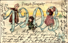 Gaufré Lithographie Glückwunsch Neujahr 1903, Kinder, Schleife - New Year