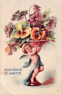 CPA - FLEURS - Ange Portant Une Coupelle Remplie De Fleurs Pensées - Souvenir D'amitié - Fleurs