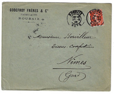 ROUBAIX Nord Lettre Entête Godefroy Frères 10 C Semeuse Rouge Yv 138 Ob Daguin Jumelée 84 2 Types Différents 1908 - Maschinenstempel (Sonstige)