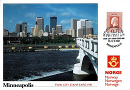 Delcampe - NORWAY 1991 PU78 TWIN CITY STAMP EXPO MINNEAPOLIS EXHIBITION CARD - Maximumkarten (MC)