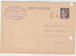 5533 Entier Postal Carte Postale 1939 Type Paix Audincourt CARREY Verdier Bas Gui - Standard Postcards & Stamped On Demand (before 1995)