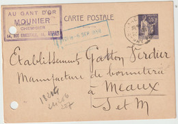 5535 Entier Postal Carte Postale 1938 Type Paix Au Gant D'Or Chemise MOUNIER ARRAS Pour VERDIER Meaux - Standaardpostkaarten En TSC (Voor 1995)