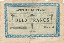 Delcampe - BILLET  -  ACIERIES DE FRANCE  DEUX FRANCS  1921 - Chamber Of Commerce
