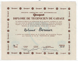 Diplome De Technicien De Garage PEUGEOT, Roland Bernier 1958 / 59 . - Diploma & School Reports