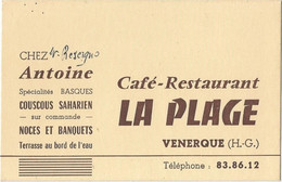22-9-2956-  Carte De Visite Venerque  - 31 - Haute Garonne Cafe Restaurant La Plage - Visitekaartjes