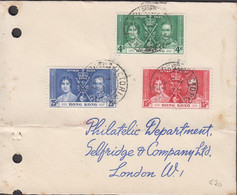 1937. HONG KONG Georg VI Coronation Complete Set On Small Cover To London. Archive Holes.... (Michel 136-138) - JF432581 - Lettres & Documents