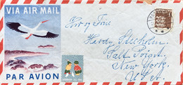 DANMARK 1954, USED COVER TO USA, SPECIAL AIRMAIL BIRD PICTURE, VIGNETTE CHILDREN LABEL! ROSKILDE CITY CANCELLATION. - Luchtpostzegels