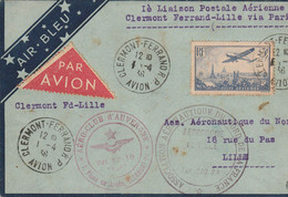 (XX) Poste Par Avion Air Bleu 1ère Liaison Postale Aérienne CLERMONT FERRAND-LILLE 1936 Via Paris Tampon Aéro-Club - Used Stamps