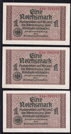 3x 1 Reichsmark 1939 O.A. - Serie 250 Mit Laufender KN - Reichskreditkassen (ZWK-2a) - Autres & Non Classés