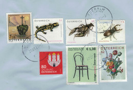 Auf Folie: Mondsee - Feuersalamander - Flusskrebs Astacus - Hirschkäfer L. Cervus - Salzburg - Stuhl - Blumen Niederalm - Storia Postale