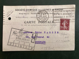 CP TP SEMEUSE 20c Perforé SC OBL.MEC.28 VIII1923PARIS 47 + SOCIETE CHIMIQUE DES USINES DU RHONE - Briefe U. Dokumente