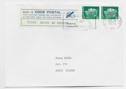 CHEFFER 30C PAIRE LETTRE MEC 01 BOURG EN BRESSE 23.9.1974 + VIGNETTE CODE POSTAL - 1967-1970 Marianna Di Cheffer