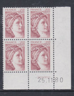 France N°2119  Type Sabine : 60 C. Brun Rose En Bloc De 4 Coin Daté  Du 25 . 11 . 80 ; 2 Traits, Sans Charnière TB - 1980-1989